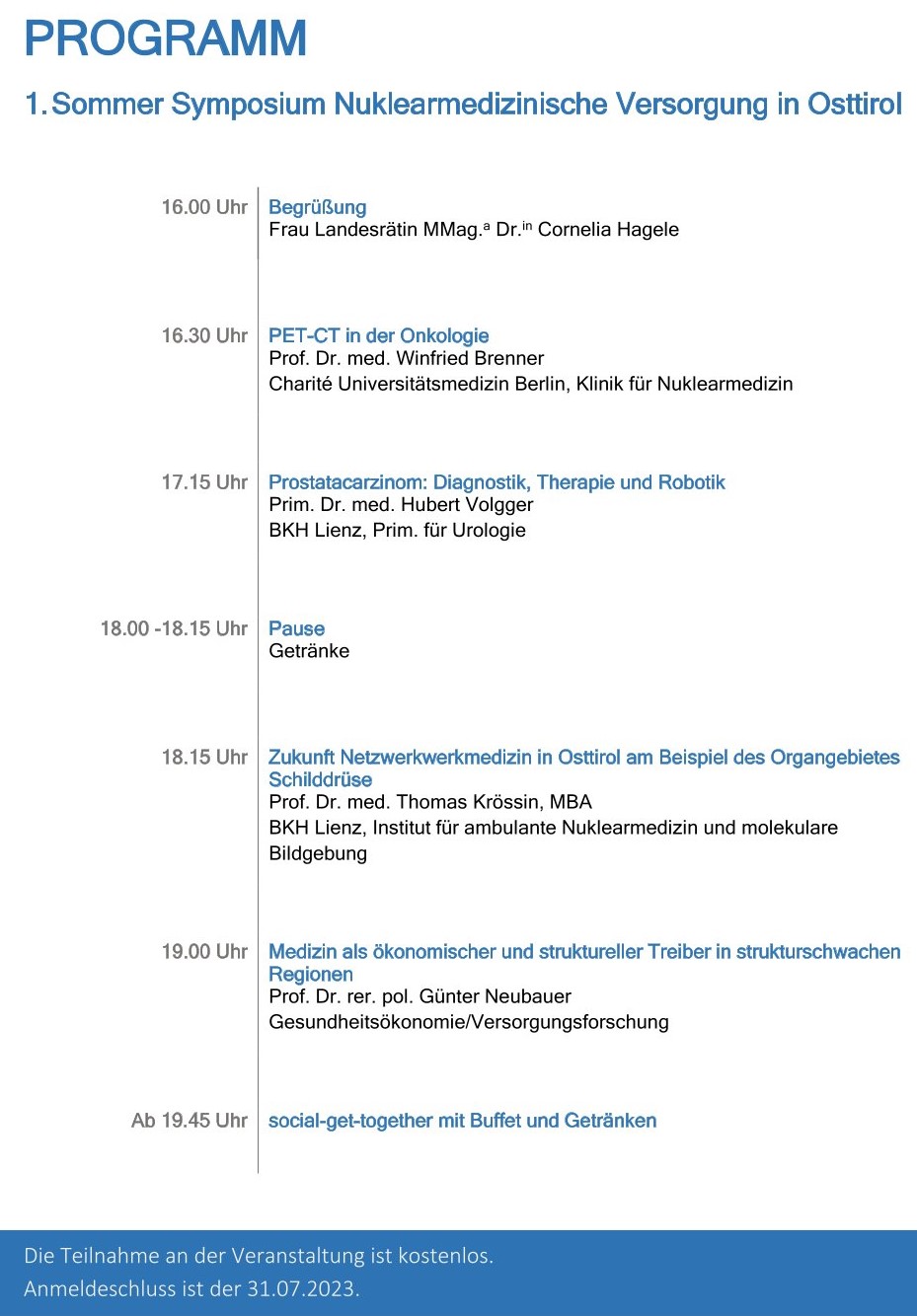 Sommer Symposium nuklearmedizinische Versorgung in Osttirol Programm 17.08.2023